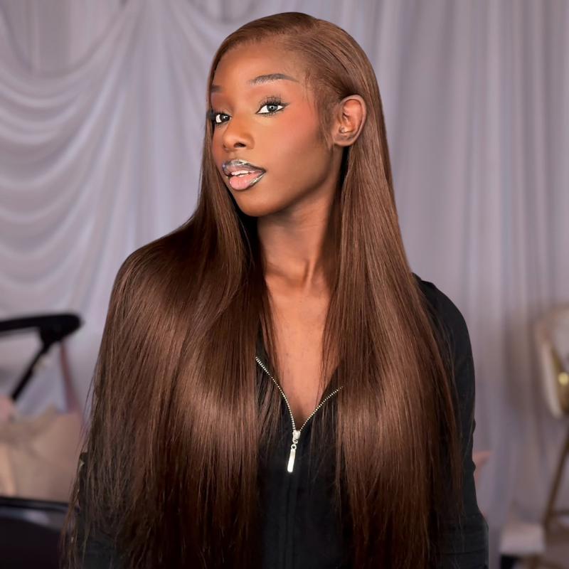 LIVIA 13x6 HD Full Lace Frontal Pre Bleached Knots Straight Dark Chocolate Brown Human Hair Wig