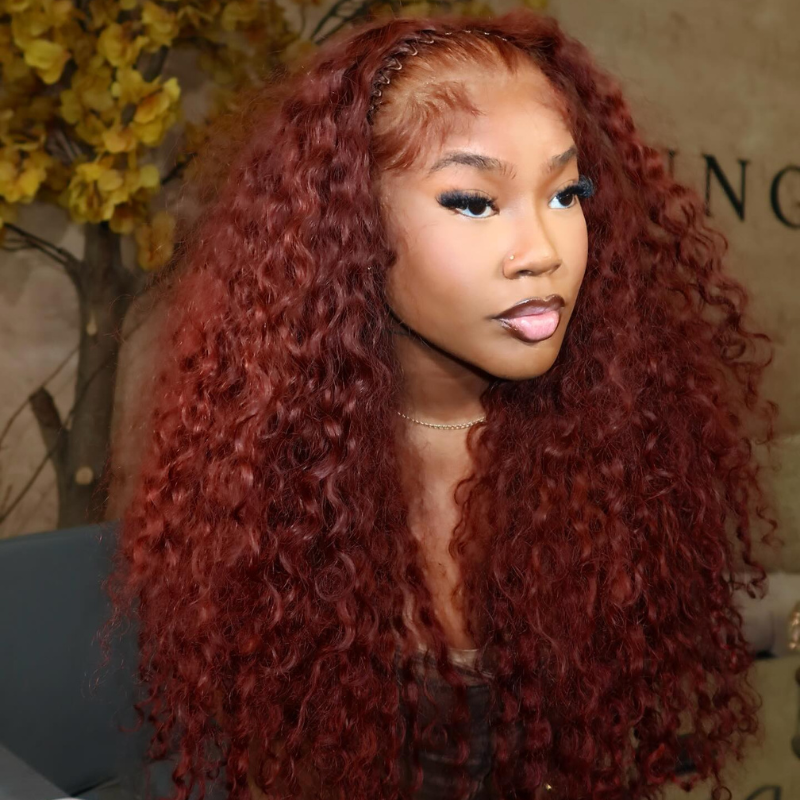 LIVIA Full Size? 13x6 HD Lace Frontal Auburn Red Color Water Wave All Pre Styled Wig