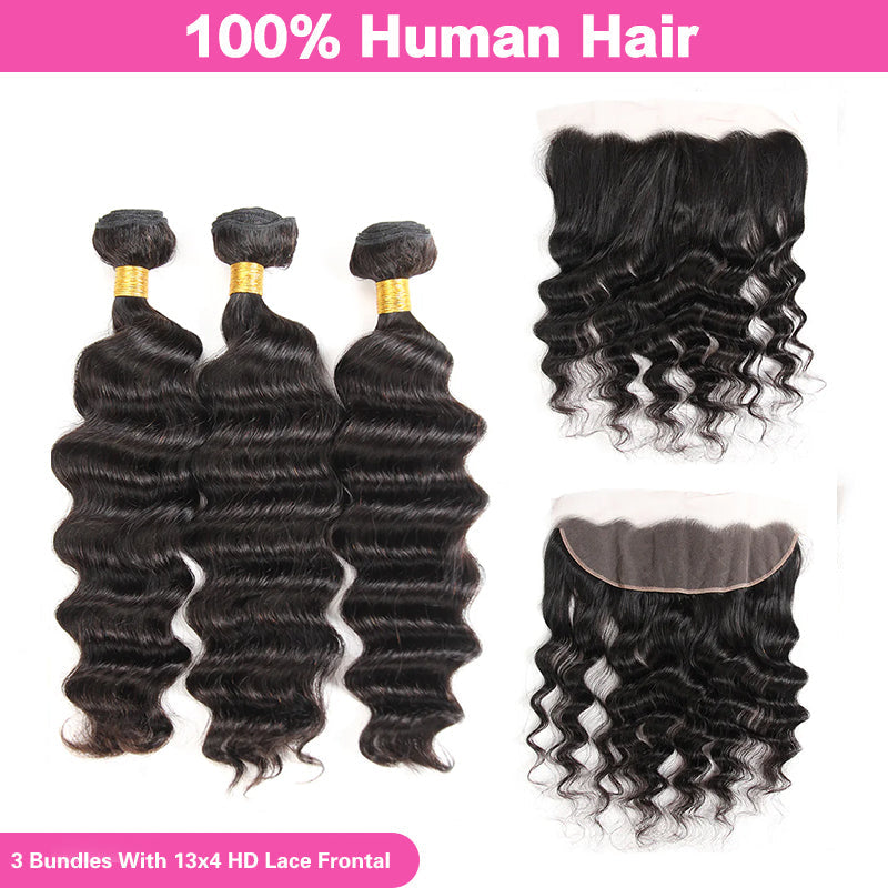 LIVIA Loose Deep Wave 3 Pcs Bundles Hair Weft With 13x4 HD Lace Frontal Natural Black Human Virgin Hair