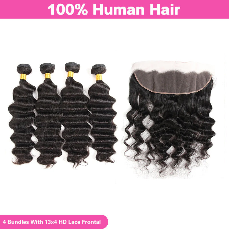 LIVIA Loose Deep Wave 4 Pcs Bundles Hair Weft With 13x4 HD Lace Frontal Natural Black Human Virgin Hair