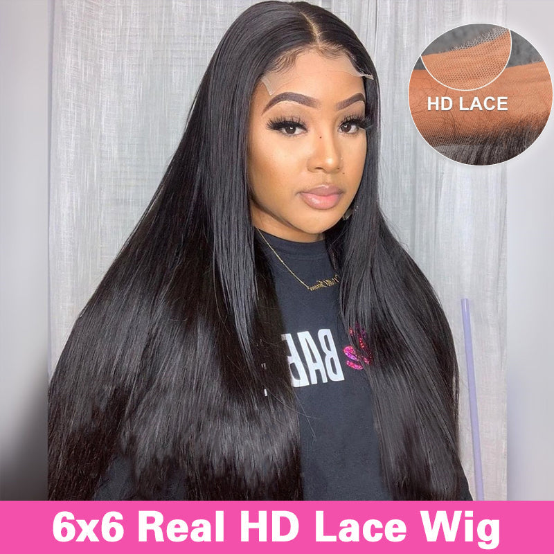 LIVIA 6x6 HD Lace Straight/Loose Body Wave Closure Natural Black Human Hair Pre Bleached Knots Wigs