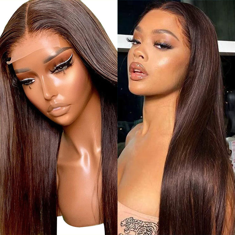 LIVIA #4 Dark Brown Colored Transparent Lace Human Straight Hair Wigs