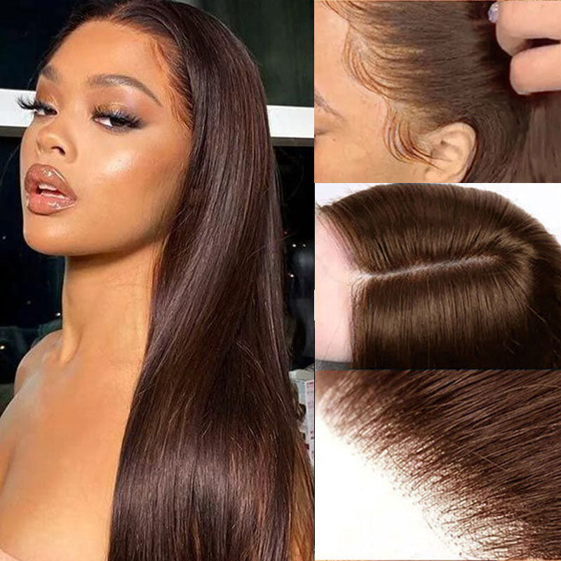 LIVIA #4 Dark Brown Colored Transparent Lace Human Straight Hair Wigs