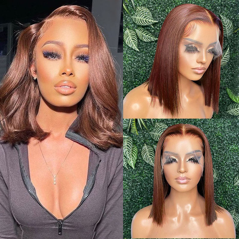 LIVIA 13x6 Lace #4 Dark Brown Color Straight Bob Human Hair Wig 180% Density