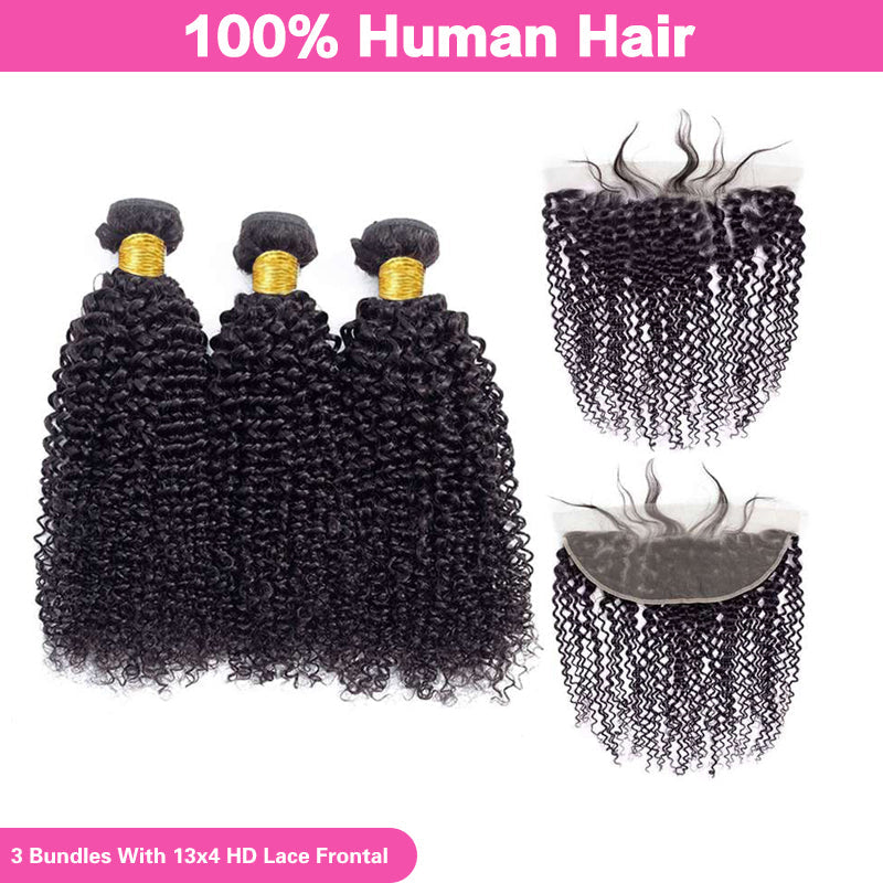 LIVIA Curly 3 Bundles Hair Weft With 13x4 HD Lace Frontal Human Virgin Hair