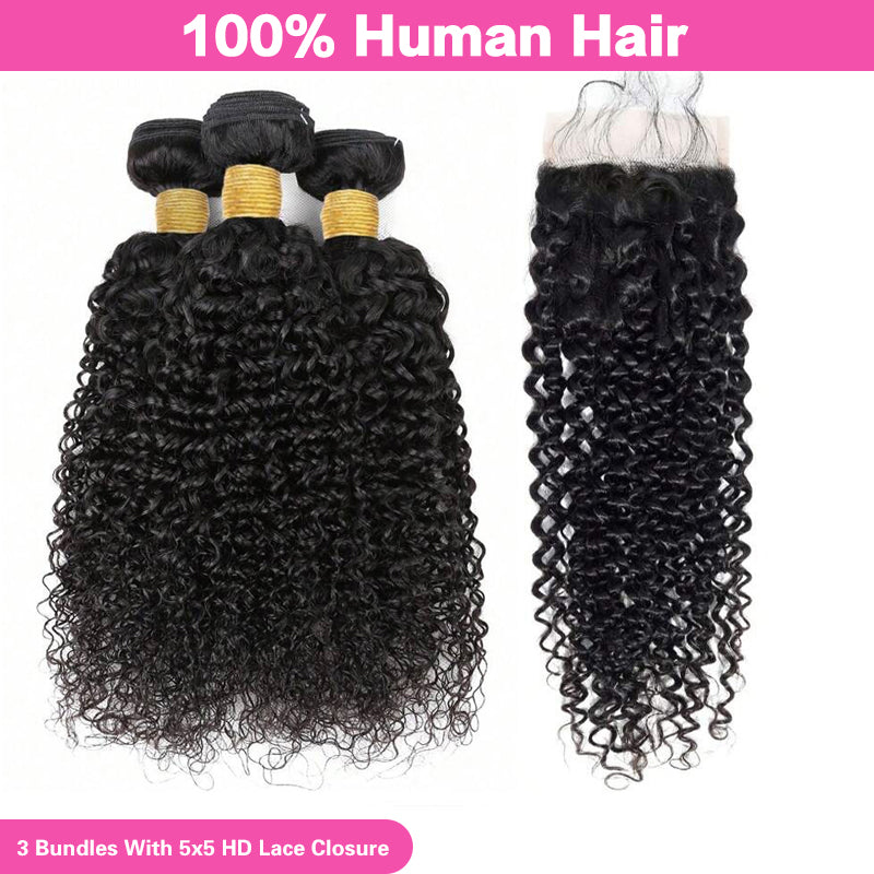 LIVIA Curly 3 Pcs Bundles Hair Weft With 5x5 HD Lace Closure Human Virgin Hair