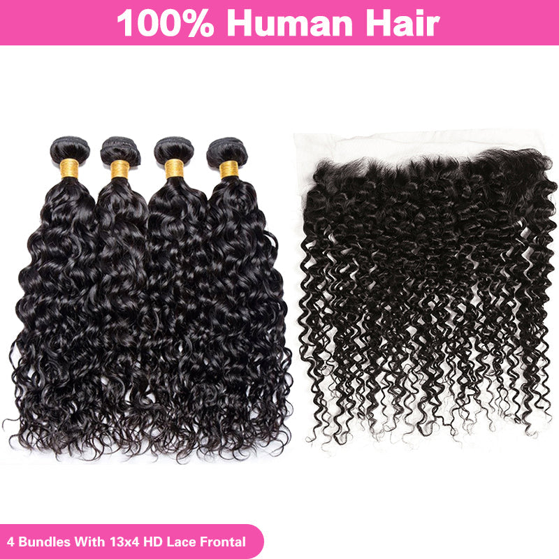 LIVIA Curly 4 Pcs Bundles Hair Weft With 13x4 HD Lace Frontal Natural Black Human Virgin hair