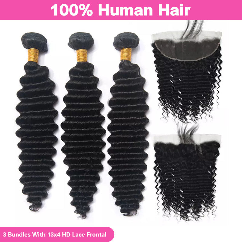 LIVIA Deep Wave 3 Bundles Hair Weft With 13x4 HD Lace Frontal Human Hair