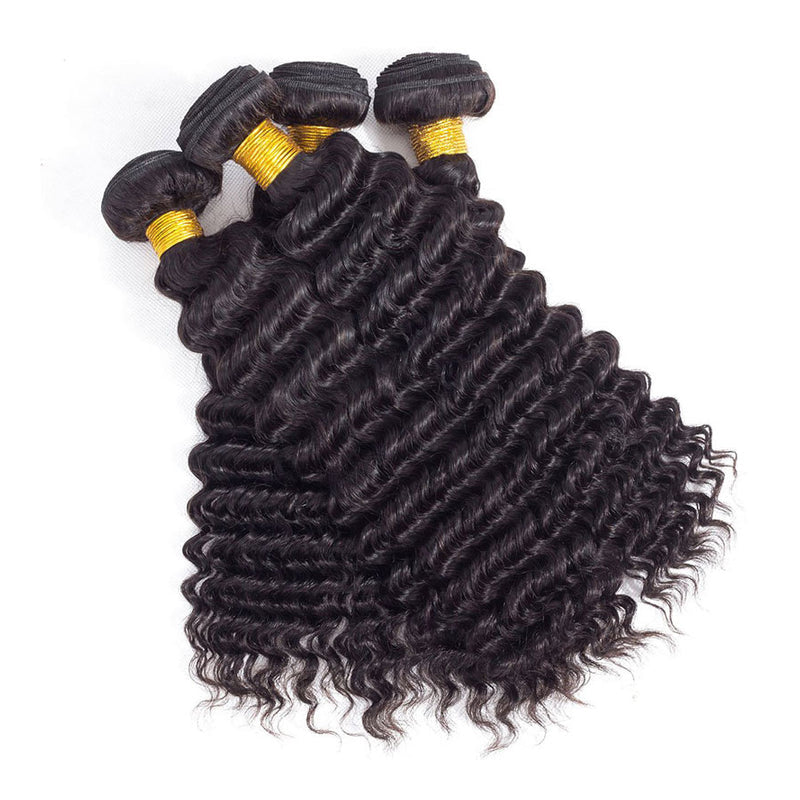 LIVIA Deep Wave 4 Pcs Bundles Hair Weft With 13x4 HD Lace Frontal Natural Black Human Virgin Hair