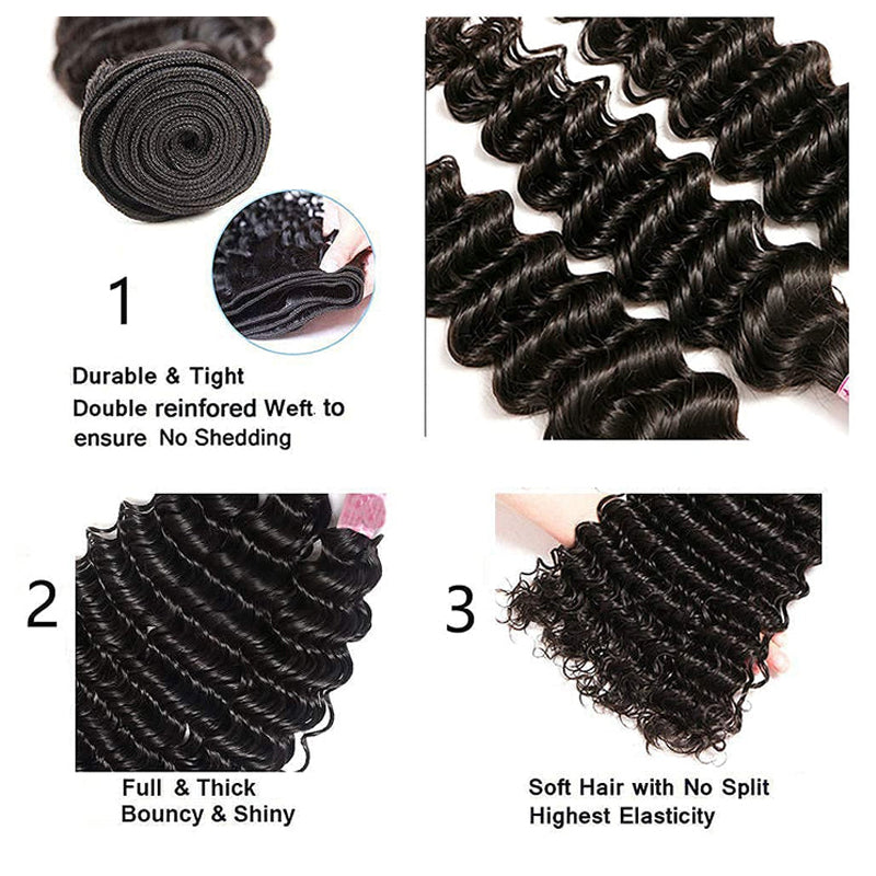 LIVIA Deep Wave 13x6 HD Lace Frontal With 4 Pcs Bundles Hair Weft Natural Black Human Virgin Hair