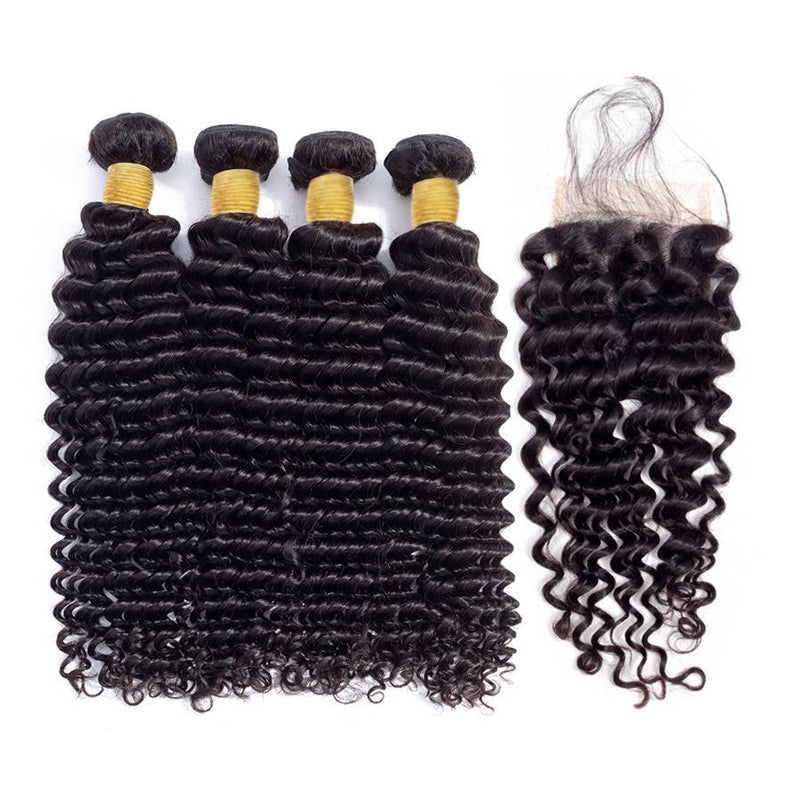 LIVIA Deep Wave 4 Bundles Hair Weft With 5x5 HD Lace Closure Human Hair