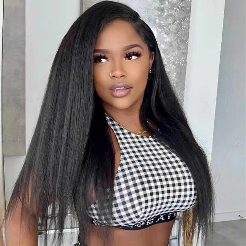 LIVIA Kinky Straight 13x4 HD Lace Frontal Pre Bleached Knots Wig Natural Black Human Hair Wig