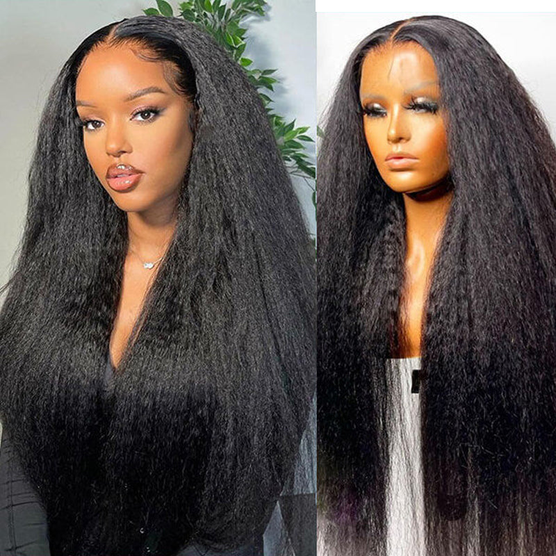 LIVIA Kinky Straight 13x4 HD Lace Frontal Pre Bleached Knots Wig Natural Black Human Hair Wig