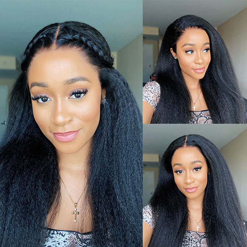 LIVIA Kinky Straight 13x4 HD Lace Frontal Pre Bleached Knots Wig Natural Black Human Hair Wig