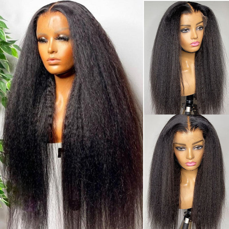 LIVIA Kinky Straight 13x4 HD Lace Frontal Pre Bleached Knots Wig Natural Black Human Hair Wig