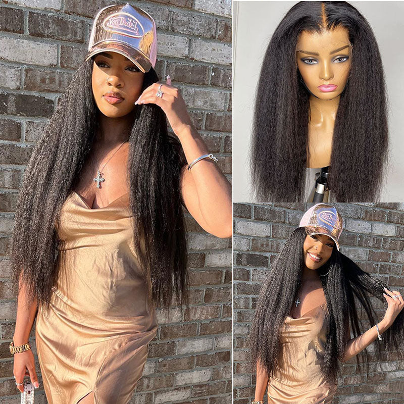 LIVIA Kinky Straight 13x4 HD Lace Frontal Pre Bleached Knots Wig Natural Black Human Hair Wig