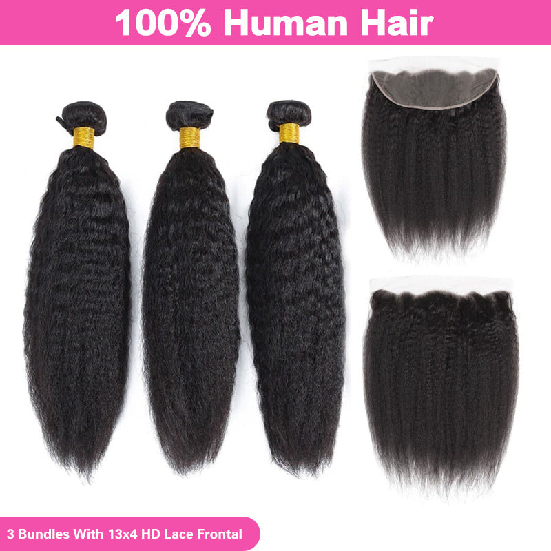 LIVIA Kinky Straight 3 Pcs Bundles Hair Weft With 13x4 HD Lace Frontal Natural Black Human Hair