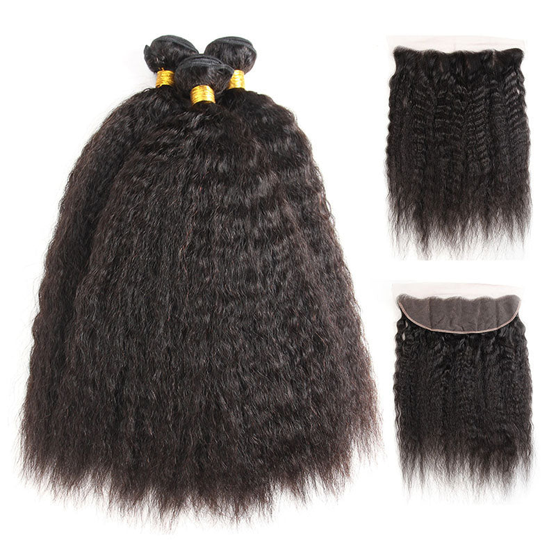 LIVIA Kinky Straight 3 Pcs Bundles Hair Weft With 13x4 HD Lace Frontal Natural Black Human Hair