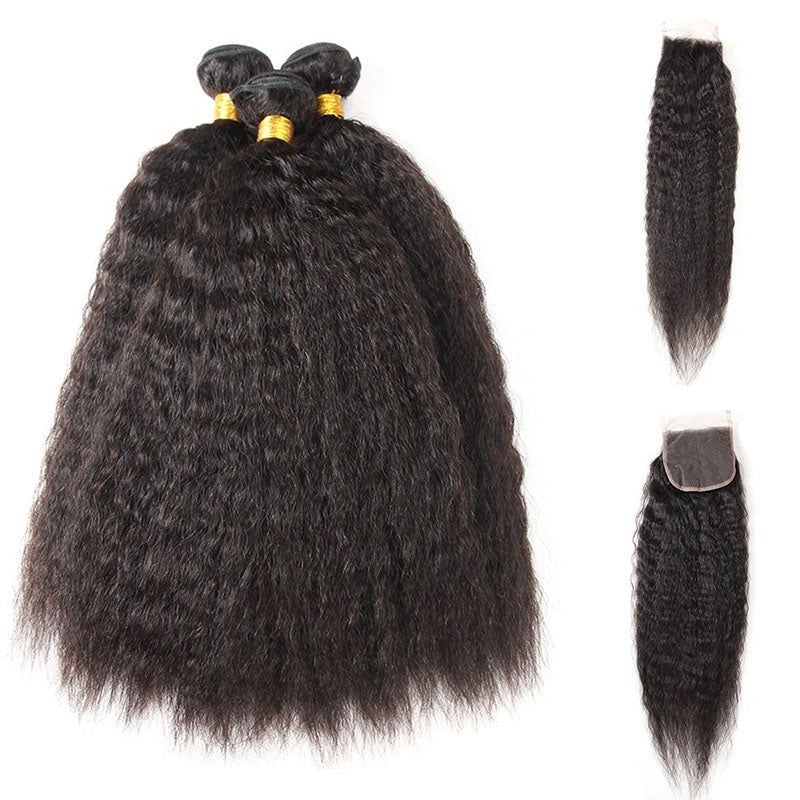 LIVIA Kinky Straight 3 Pcs Bundles Hair Weft With 5x5 HD Lace Closure Natural Black Human Hair