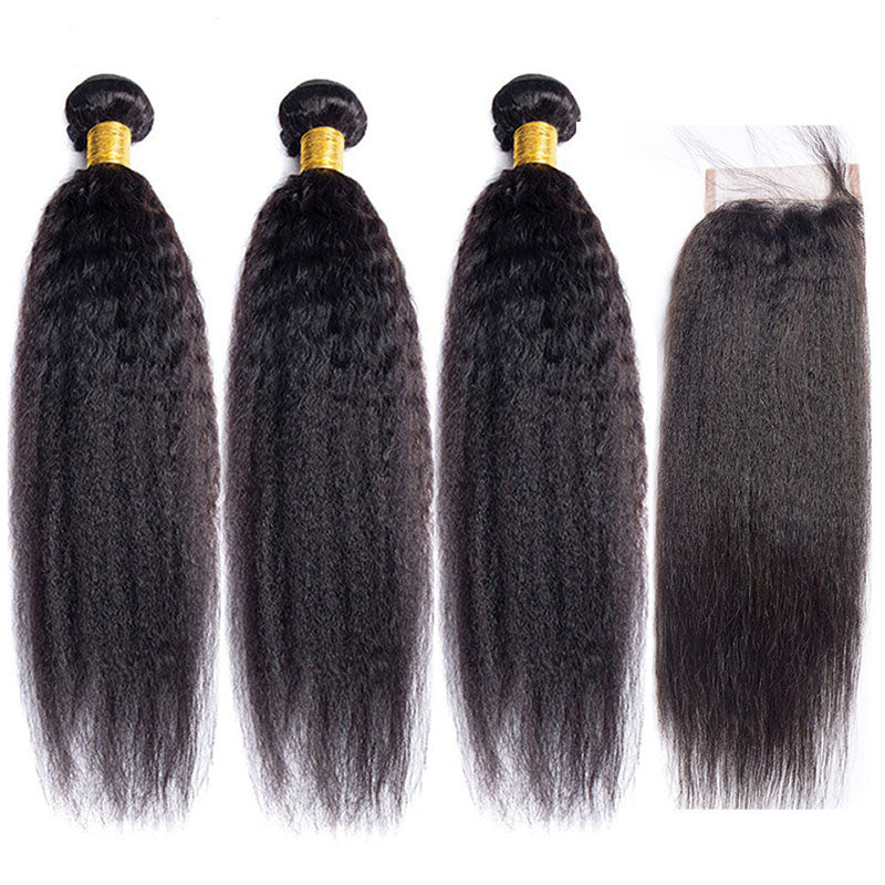 LIVIA Kinky Straight 3 Pcs Bundles Hair Weft With 5x5 HD Lace Closure Natural Black Human Hair