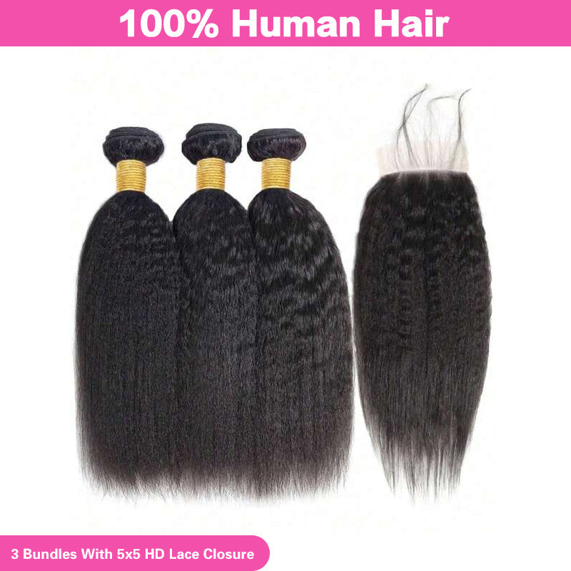 LIVIA Kinky Straight 3 Pcs Bundles Hair Weft With 5x5 HD Lace Closure Natural Black Human Hair