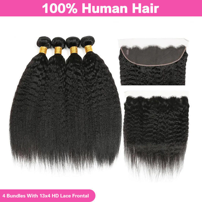 LIVIA Kinky Straight 4 Pcs Bundles Hair Weft With 13x4 HD Lace Frontal Natural Black Human Hair