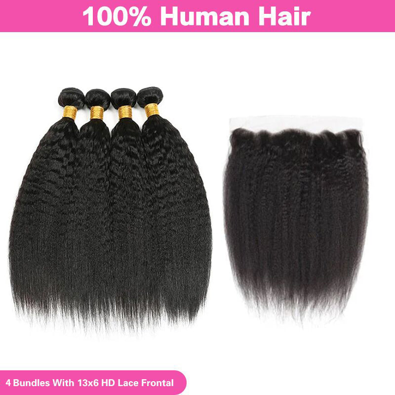 LIVIA Kinky Straight 13x6 HD Lace Frontal With 4 Pcs Bundles Hair Weft Natural Black Human Virgin Hair