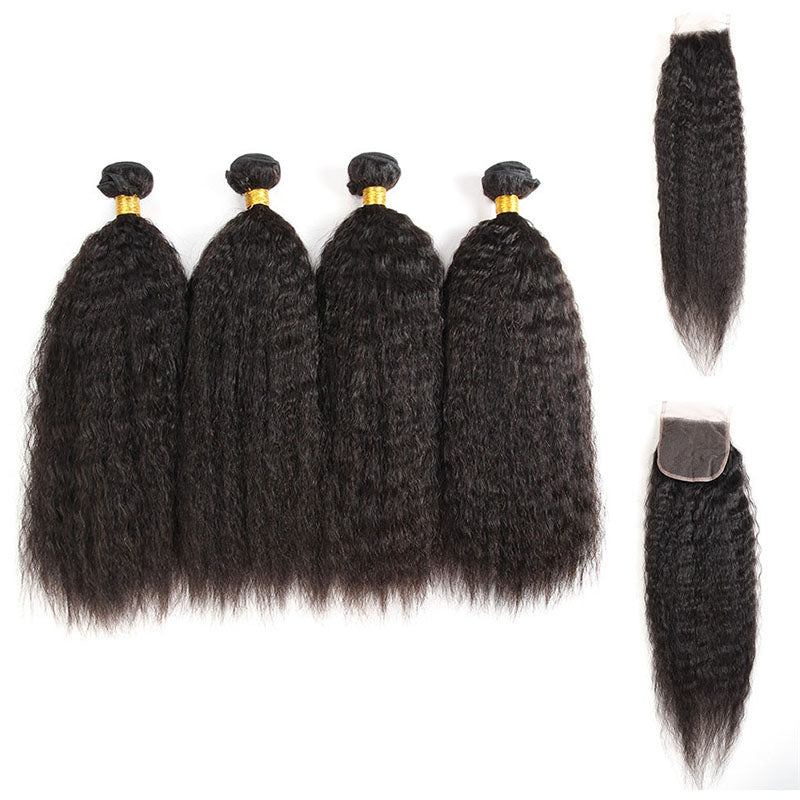 LIVIA Kinky Straight 4 Bundles Hair Weft With 5x5 HD Lace Closure Natural Black