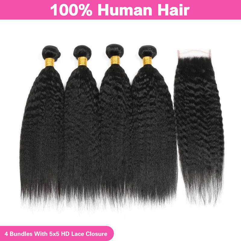 LIVIA Kinky Straight 4 Bundles Hair Weft With 5x5 HD Lace Closure Natural Black