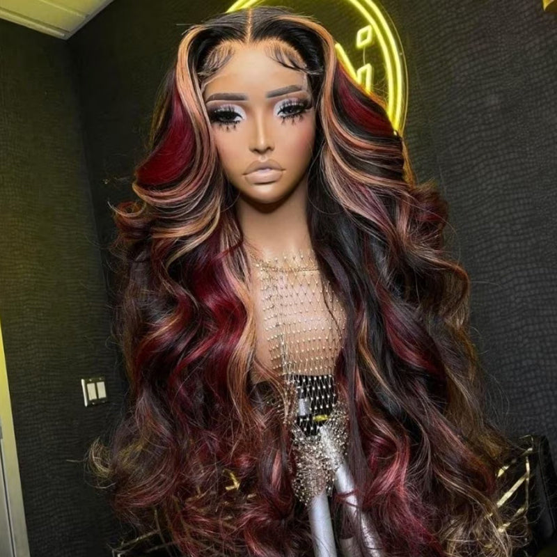 LIVIA 13x6 HD Lace Frontal Black With Red & Blonde Highlights Body Wave Human Hair Wig