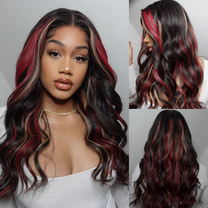 LIVIA 13x6 HD Lace Frontal Black With Red & Blonde Highlights Body Wave Human Hair Wig