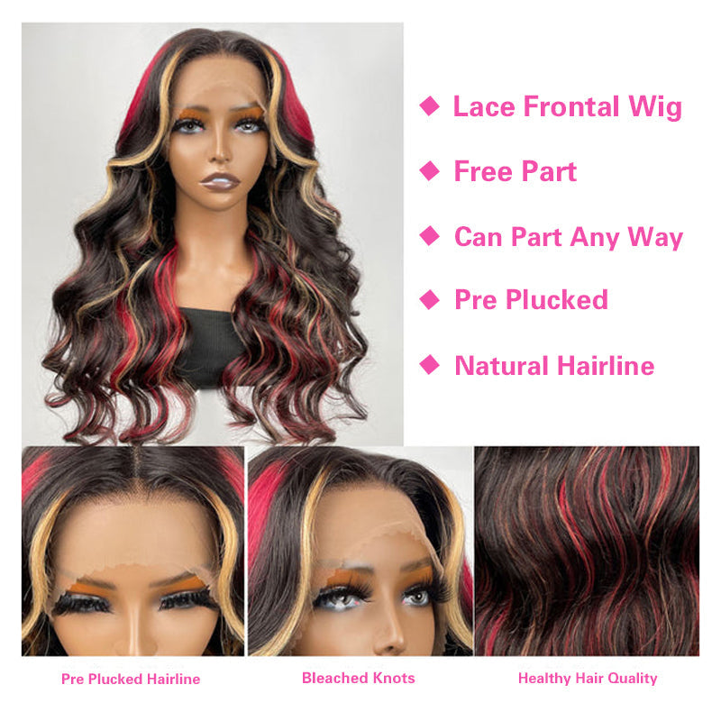 LIVIA 13x6 HD Lace Frontal Black With Red & Blonde Highlights Body Wave Human Hair Wig