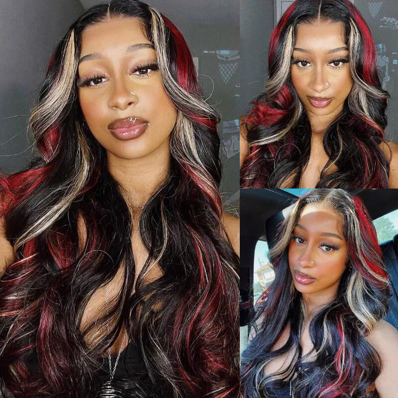 LIVIA 13x6 HD Lace Frontal Black With Red & Blonde Highlights Body Wave Human Hair Wig