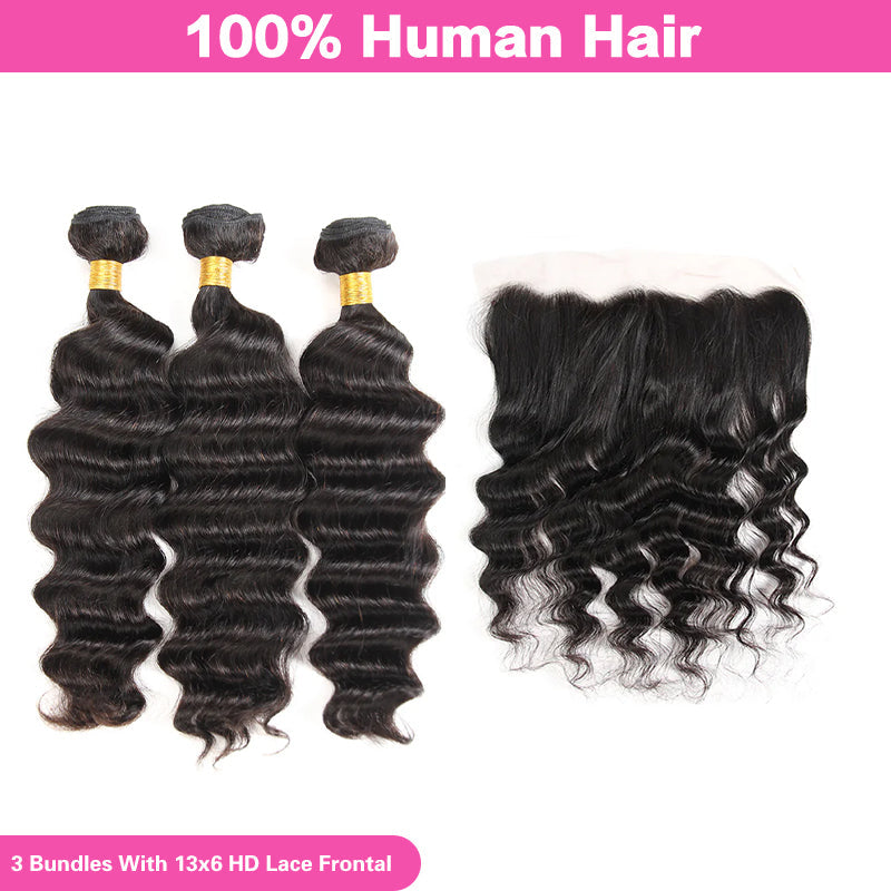 LIVIA Loose Deep Wave 3 Bundles With 13x6 HD Frontal Human Virgin Hair Unprocessed