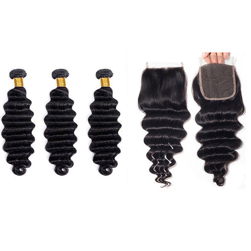 LIVIA Loose Deep Wave 3 Pcs Bundles Hair Weft With 5x5 HD Lace Closure Natural Black Human Virgin Hair