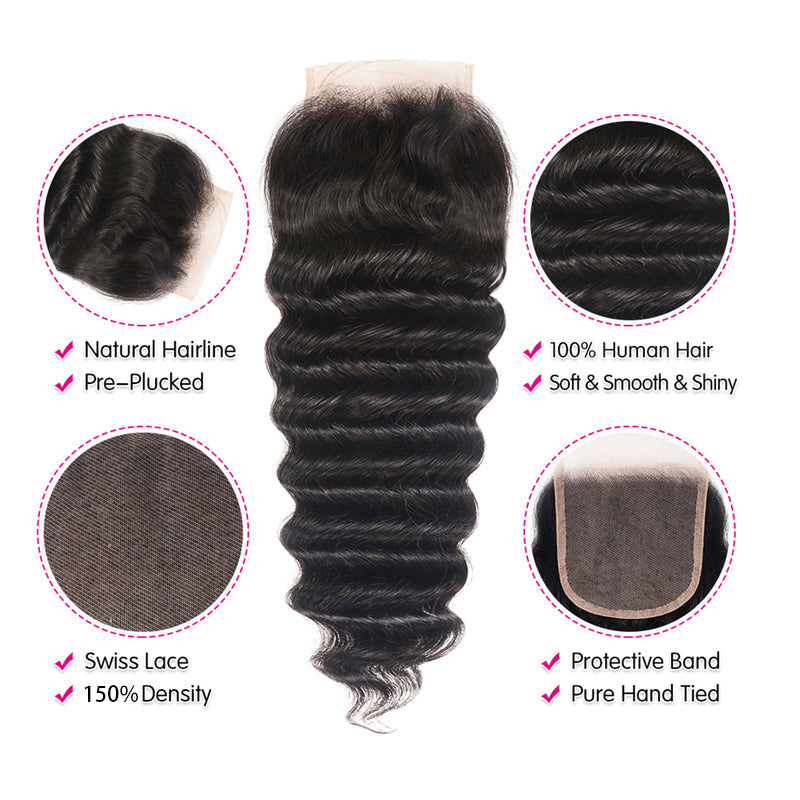 LIVIA Loose Deep Wave 3 Pcs Bundles Hair Weft With 5x5 HD Lace Closure Natural Black Human Virgin Hair