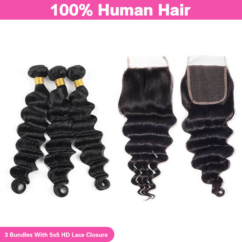 LIVIA Loose Deep Wave 3 Pcs Bundles Hair Weft With 5x5 HD Lace Closure Natural Black Human Virgin Hair