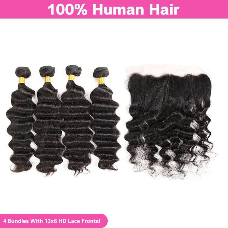 LIVIA Loose Deep Wave 13x6 HD Lace Frontal With 4 Pcs Bundles Hair Weft Natural Black Human Virgin Hair