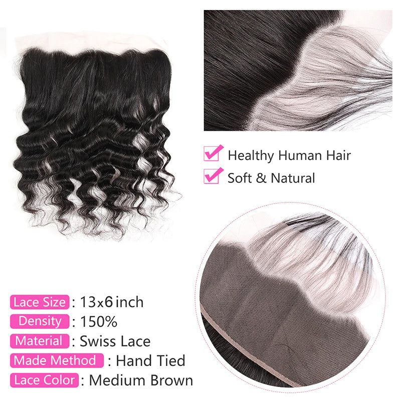 LIVIA Loose Deep Wave 13x6 HD Lace Frontal With 4 Pcs Bundles Hair Weft Natural Black Human Virgin Hair