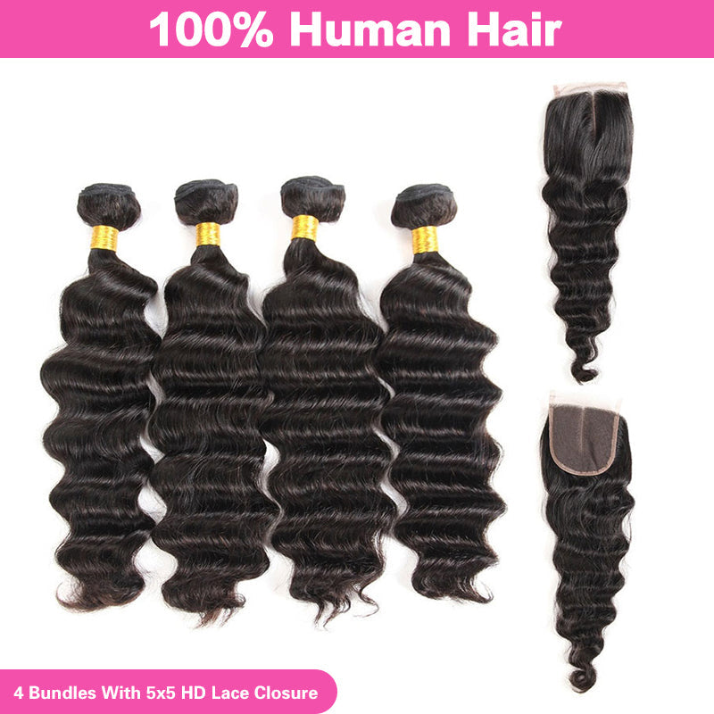 LIVIA Loose Deep Wave 4 Pcs Bundles Hair Weft With 5x5 HD Lace Closure Natural Black Human Virgin Hair