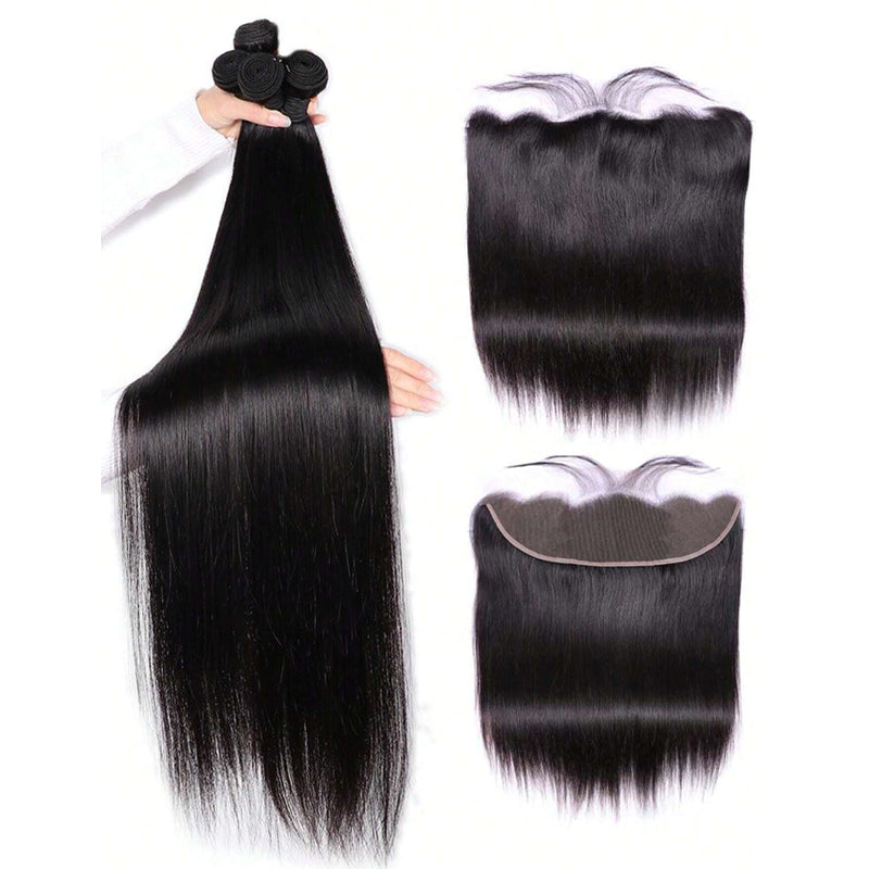 LIVIA Straight 4 Pcs Bundles Hair Weft With 13x4 HD Lace Frontal Natural Black Human Virgin Hair