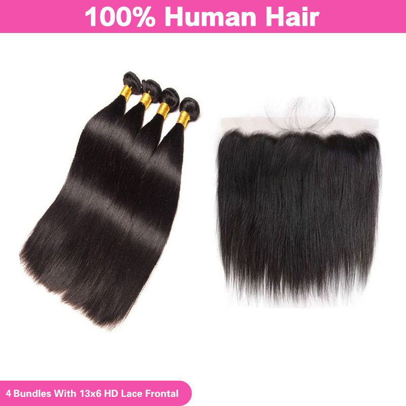 LIVIA Straight 13x6 HD Lace Frontal With 4 Pcs Bundles Hair Weft Natural Black Human Virgin Hair