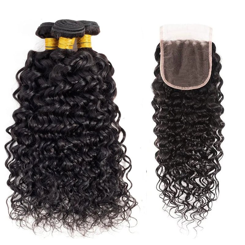 LIVIA Water Wave 3 Bundles Hair Weft With 5x5 HD Lace Closure Natural Black