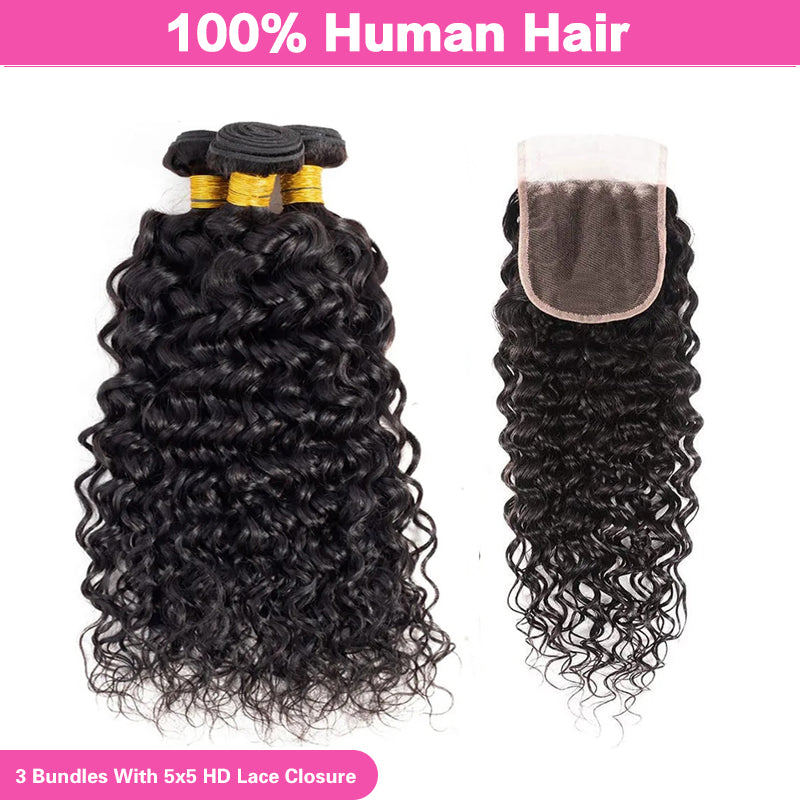 LIVIA Water Wave 3 Bundles Hair Weft With 5x5 HD Lace Closure Natural Black