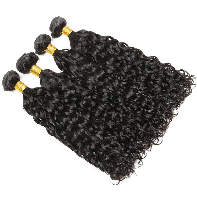 LIVIA Water Wave 4 Pcs Bundles Hair Weft With 13x4 HD Lace Frontal Natural Black Human Virgin Hair