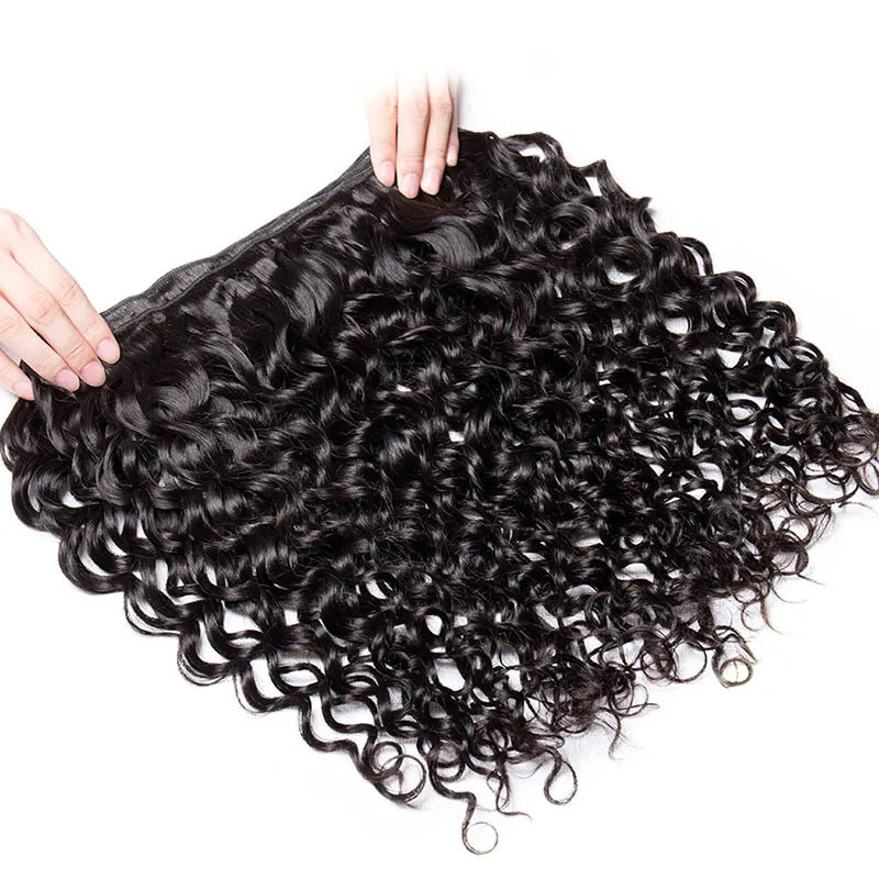 LIVIA Water Wave 4 Pcs Bundles Hair Weft With 13x4 HD Lace Frontal Natural Black Human Virgin Hair