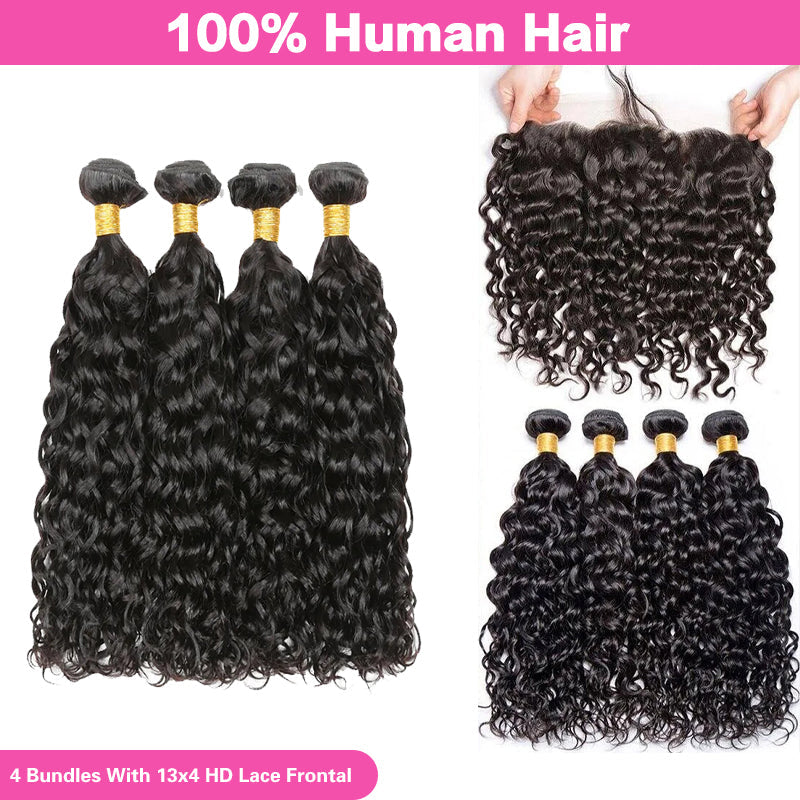 LIVIA Water Wave 4 Pcs Bundles Hair Weft With 13x4 HD Lace Frontal Natural Black Human Virgin Hair