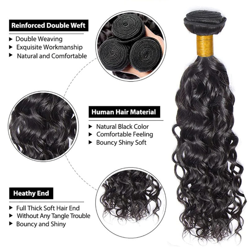 LIVIA Water Wave 4 Pcs Bundles Hair Weft With 13x4 HD Lace Frontal Natural Black Human Virgin Hair