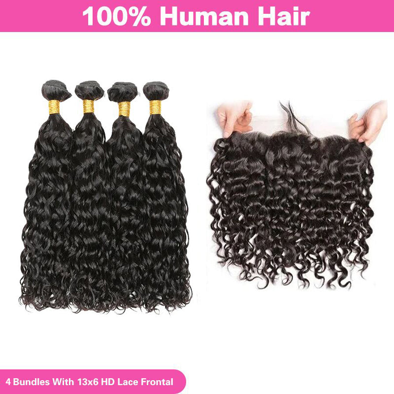 LIVIA Water Wave 13x6 HD Lace Frontal With 4 Pcs Bundles Hair Weft Natural Black Human Virgin Hair
