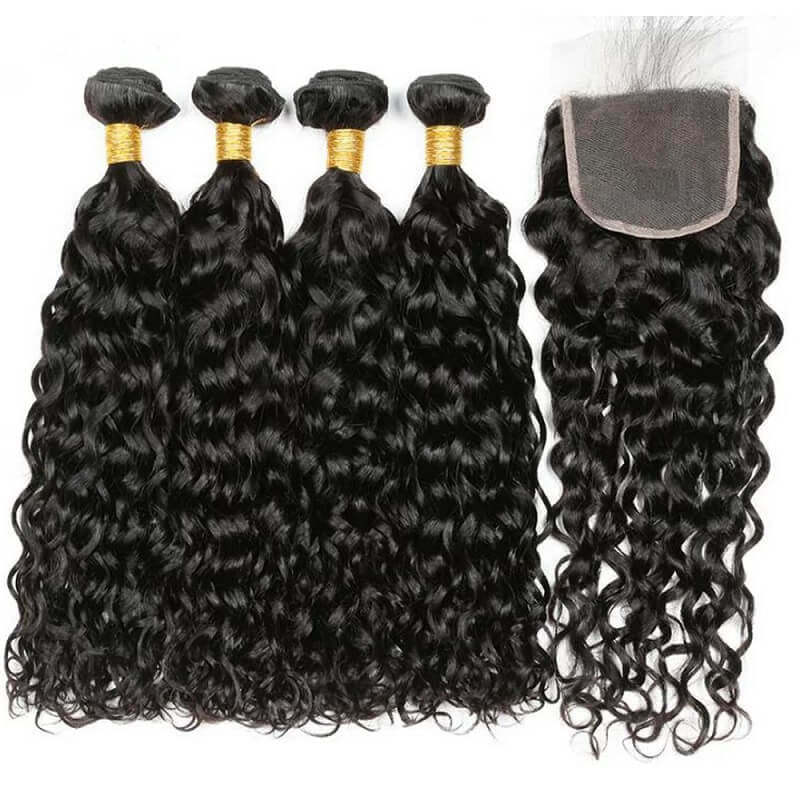 LIVIA Water Wave 4 Bundles Hair Weft With 5x5 HD Lace Closure Natural Black